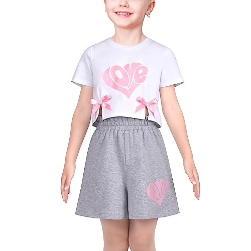 Image of Sunny Fashion Girls T-Shirt Top Short Pants Gym Active White Gray Heart