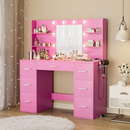 Image of Furmax Vanity Desk with Mirror, LED Lights and Power Outlet Makeup Vanity Table with 7 Drawers and 6 Storage Shelves Dressing Table for Bedroom Dressing Room (Pink)