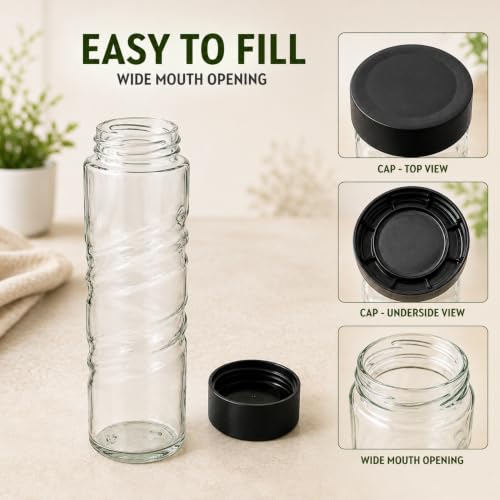 Image of Ash & Roh Round Glass Water Bottle with Lid, Transparent Wide Mouth Juice Bottle for Fridge, Office, School & Everyday Hydration Reusable for Daily Use