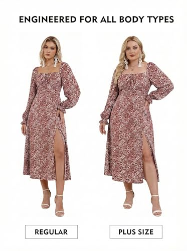 Image of BLENCOT Womens Casual Square Neck Long Sleeve Boho Floral Midi Dress Print Side Split Dresses