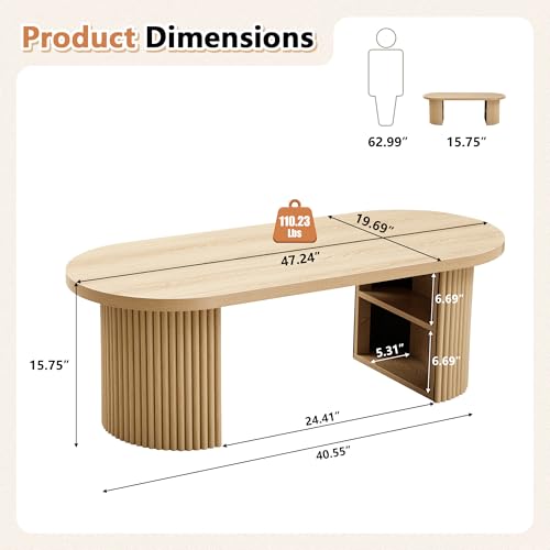 Image of Oval Fluted Coffee Table, 47 inch Farmhouse Wood Coffee Table Mid Century Modern Center Table Boho Living Room Tables for Living Room Office,Natural
