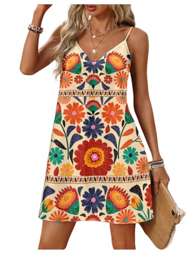 SOLY HUX Women's Summer Dress Floral Print V Neck Spaghetti Strap Cami Short Dresses Vacation Sundress