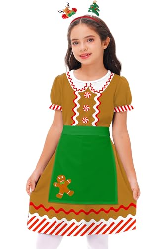 Xmas Puff Sleeve Dress Christmas Gingerbread Girl Dress with Apron Elastic Waist Aline Dresses 5-6 Years4