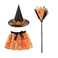23GUANYI Witch Costume Kids Halloween Costumes, Girls Witch Costume with Light Up Tutu Skirt Broom Witches Hat Halloween Outfits for Girls Carnival Dress up Cosplay Party