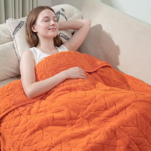 Image of Drewin Weighted Blanket 15lbs for Adults Deep Sleep and Relax,Orange | Soft Jacquard Sherpa Heavy Blankets 48 inch x 72 inch with Glass Beads,Cozy Fleece Throw Blankets for Bed and Couch,Machine Washable
