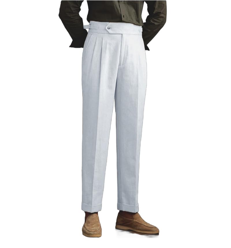 Men's Classic Pleated Dress Pants High-Waist Linen Blend Formal Business Slacks for Light Breathable Casual Summer