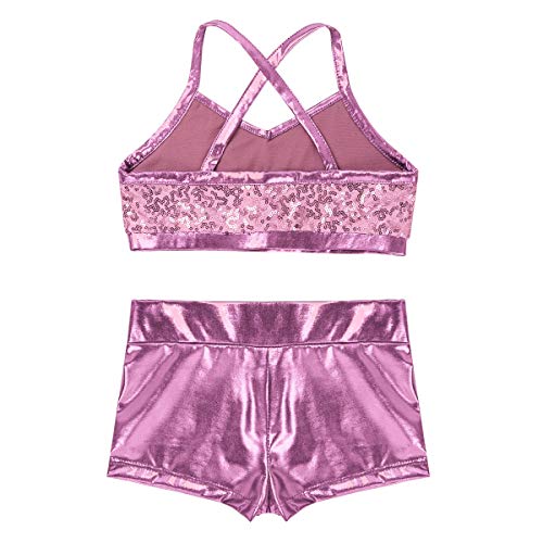 Image of easyforever Kids Girls 2PCS Shiny Mermaid Scales Ballet Dance Outfit Crop Top with Short Tankini Swimsuit