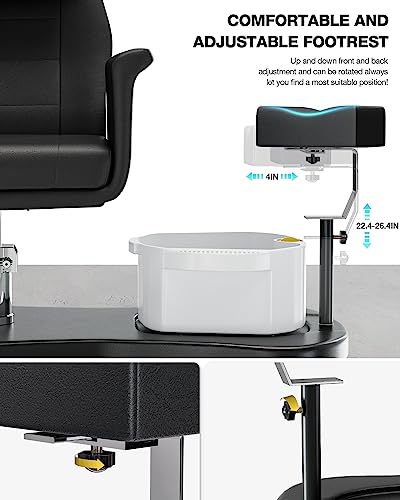 OKAKOPA Pedicure Chair No Plumbing, Portable Pedicure Station for Nail Tech, 360 Swivel Reclining Salon Pedicure Chairs w/Stool, Massage Basin, Footrest for Foot Spa, Black