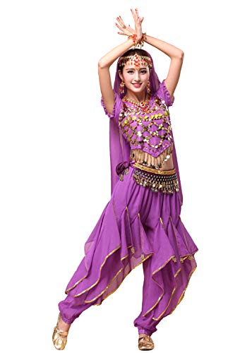 ORIDOOR Women's Halloween Costume Set Belly Dance Crop Top Pleated Harem Pants for Dress Up Party 5 Piece Outfit (One Size, Purple) …