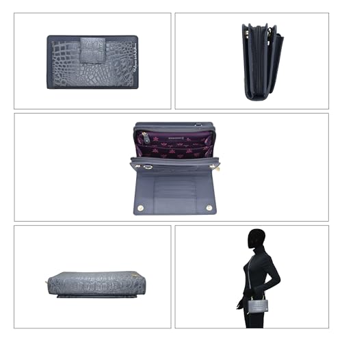 Image of Anuschka Women's Leather Wallet - Hand-Painted Genuine Leather Wallet with RFID Protection - 1149, Croc Embossed Silver Grey