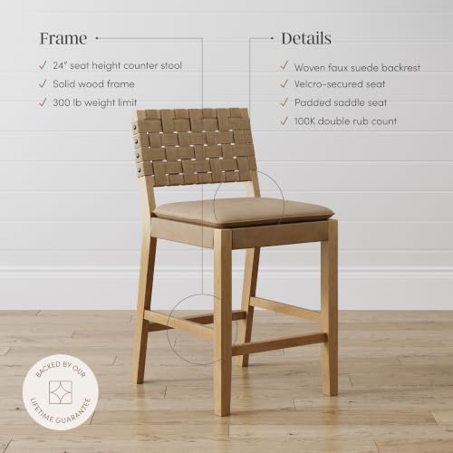 Image of Nathan James Cohen Mid-Century Modern Leather Bar Stool, Counter Height Chair in Solid Wood Frame with Footrest and Woven Leather Back for Kitchen, Natural Brown, 1 count, Barstool - 24 inch