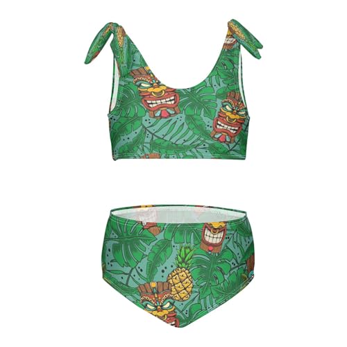 QUGRL Tiki Idols Palm Leaves Girls Swimsuit Bikini Set Green Summer Tropical Kids Bathing Suits for Girls 2 Piece Bowknot Swimwear Tankini Hawaiian 7-8 Years