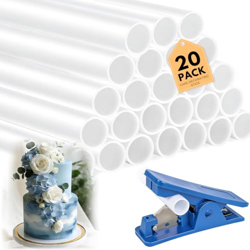 20PCS Cake Dowels Set 11.8inch Plastic Cake Dowels for Tiered Cakes with Piper Cutter Reusable Cakes Supports for Tiered Cakes White Cakes Support Rods Dowel Rods for Stacking Supporting