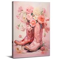 Pink Cowgirl Wall Art Floral Wall Decor Preppy Cowgirls Boots Decor for Girls Bedroom Retro Western Preppy Posters Aesthetic Flowers Prints Trendy Artwork for Teen Girls Room Dorm Decoration 30x40cm