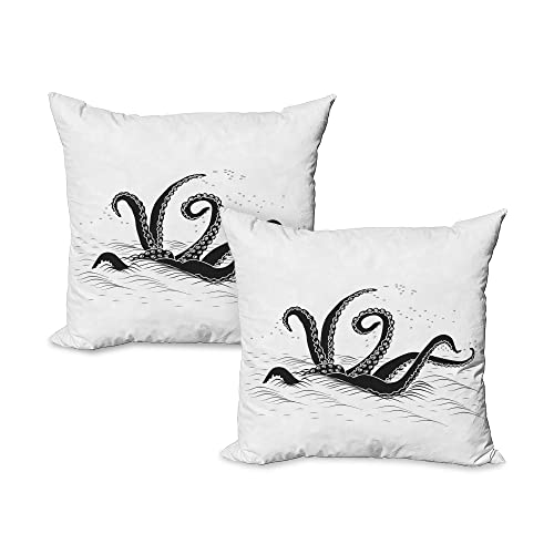 Lunarable Octopus Decorative Throw Pillow Case Pack Of 2, Mythological Kraken Octopus Tentacles Monster In The Sea Illustration Nautical, Couch Bedroom Living Room Cushion Cover, 20", Grey Black #TOP7