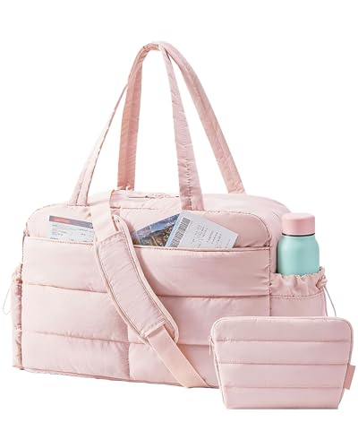 BAGSMART Gym Bag for Women, Lightweight Puffer Duffle Bag 2-PC Travel Bag, 31L Weekender Overnight Bag Quilted Carry On Tote Bag, Diaper Hospital Dance bag for Travel, Gym, Water Resistant, Pink