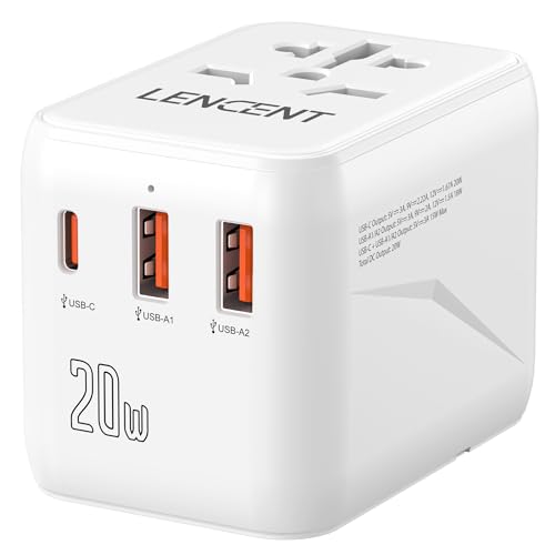 LENCENT Adaptador de Viaje Universal PD20W, Cargador Internacional con 2 Puertos USB y Carga Rápida...