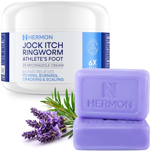 Hermon Antifungal Jock Itch Cream & Soap Kit: Anti Fungal Treatment for Ringworm, Psoriasis, & Athlete's Foot with Tea Tree Soap - Provides Soothing Relief for Body & Foot - 3.4 oz. / 2 Bars
