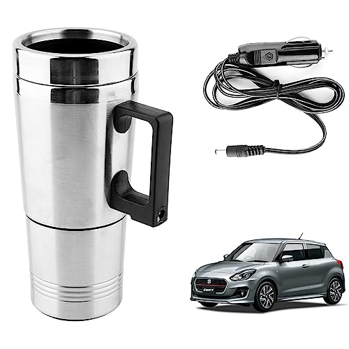 Image of Oshotto 12V Stainless Steel Car Heating Kettle /Mug, Travel Friendly electric Tea /Coffee maker Compatible with Maruti Suzuki Swift 2011-2026 (300ml)