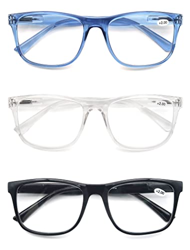 MODFANS 3 Paires de Lunettes de Lecture Hommes Femme,Lunettes Loupe Monture Large Confort Vision Nette,Lunettes de Vue Leger Branches a Ressort,Couleur Noir-Bleu-Transparent – vue 2