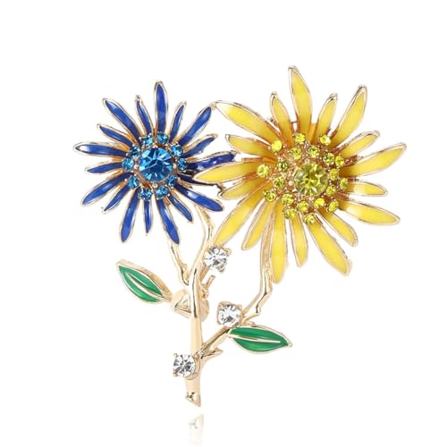 Image of Double Sunflower Brooch and Pins for Women Blue and Yellow Rhinestone Broach Nature Style Dress Pin Flower Jewelry