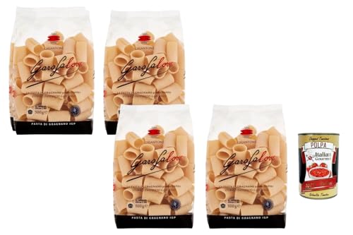 Italian Gourmet Pasta di Gragnano IGP Gigantoni 4 x 500 g de emola de trigo duro, estirada en bronce y secado lento, extra resistente a mordeduras, ideal para rago, sugo y platos de horno + Polpa