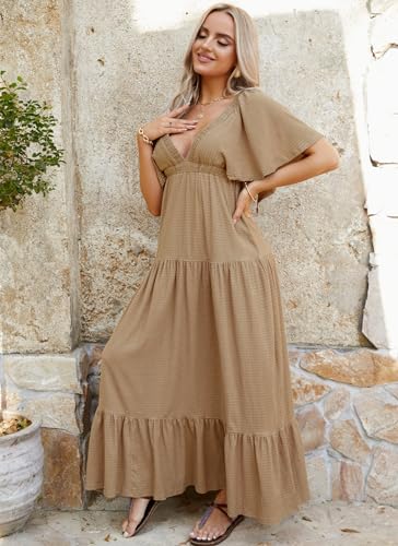 Image of Kikibell Women Summer Dresses Sexy V-Neck Maxi Dress Tiered Silhouette with Flutter Sleeve Backless Elastic Waist Flowy Dress