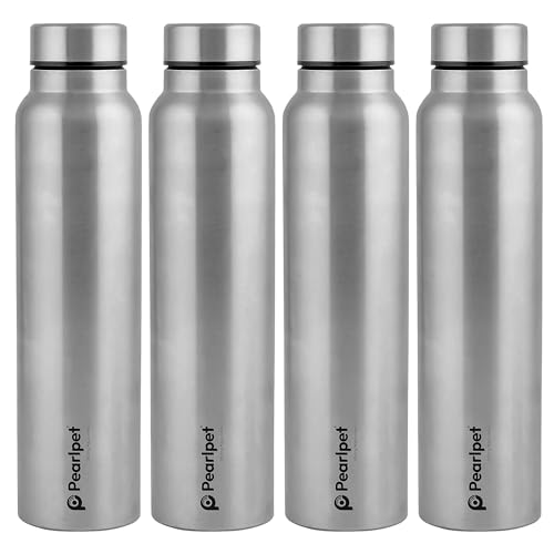 Image of PEARLPET F10 Single Wall Stainless Steel Water Bottle,1L, Silver, Pack of 4 (Matt Finish)