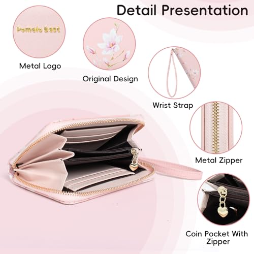 Pomelo Best Womens Wallet Leather RFID Blocking Credit Card Holder with Coin Pocket Zip Around Wristlet Medium Purse for Ladies Pink 20253