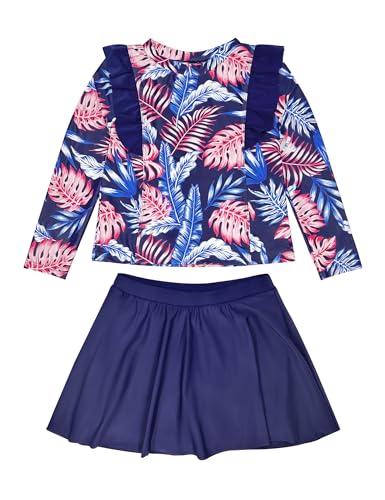 Image of Girls Rash Guard Swimsuit Set Long Sleeve 2 Pieces Bathing Suit Swimming Skirt with Shorts 4-13Y