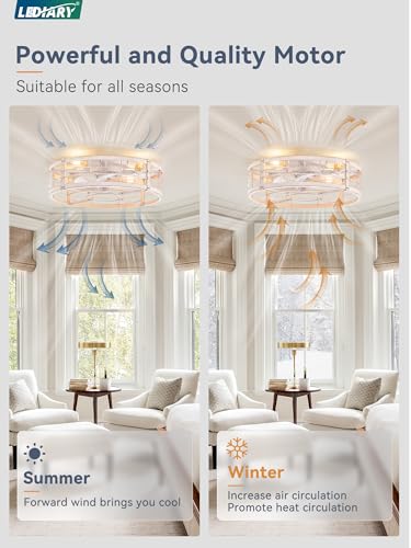 Image of LEDIARY 20 inch Caged Ceiling Fan with Light and Remote, Low Profile Flush Mount Fandelier, White Gold Bladeless Enclosed Small Fan Lights Ceiling Fixtures, Rustic Farmhouse Style for Bedroom, Outdoor