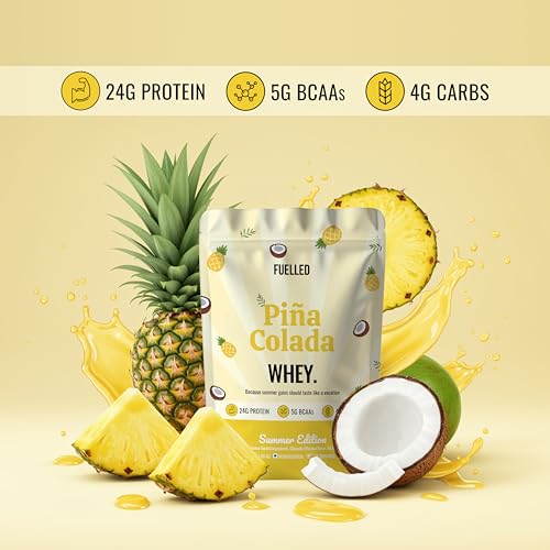 Image of FUELLED Whey Protein Powder with 24g Protein, 5g BCAAs, Pina Colada Flavour, 3 kg, 90 Servings, Gluten Free, Post Workout Recovery Supplement