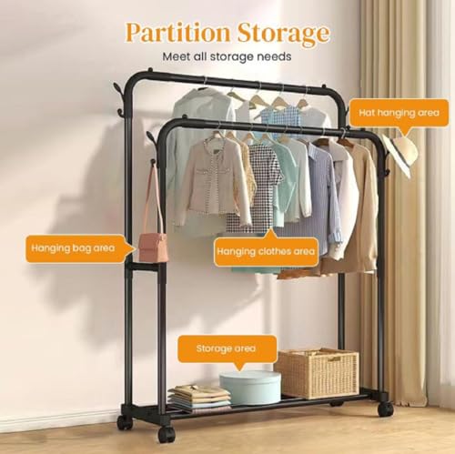 Image of Owme Heavy Duty Metal Garment Rack with Wheels | Portable Clothes Hanging Stand | Rolling Clothing Rack for Bedroom, Laundry & Retail Store | Space Saving Cloth Stand - RAIL BLACK