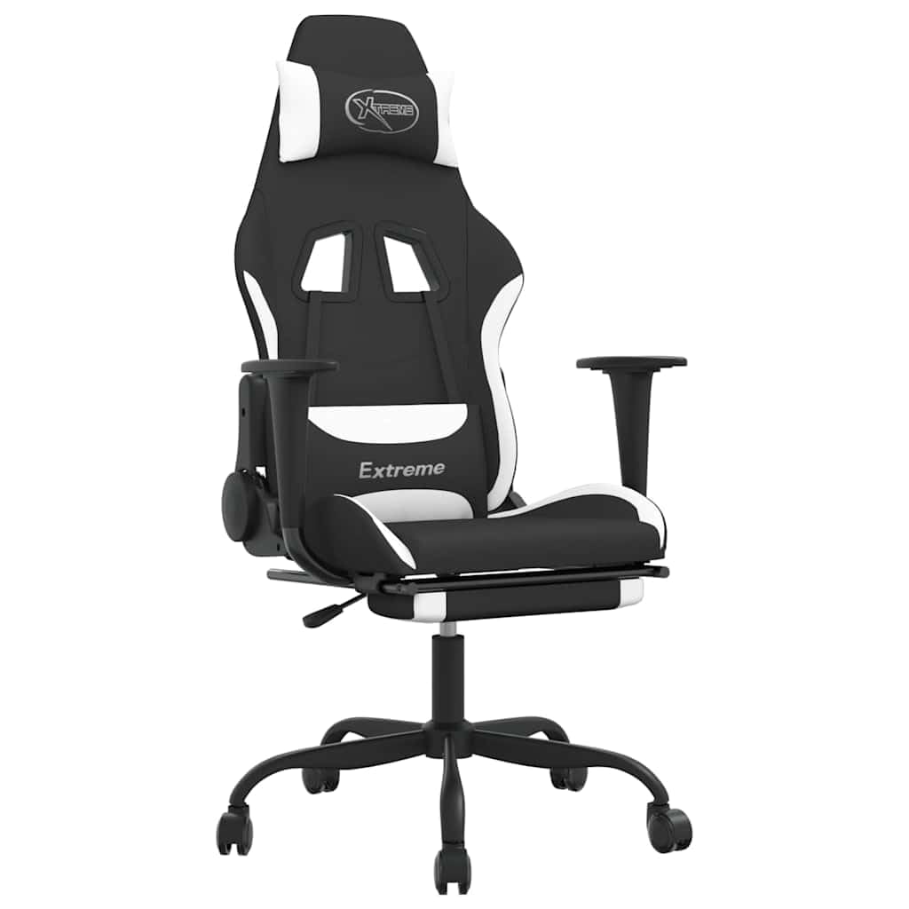 Gaming-Stuhl mit Massagefunktion und Fußstütze, Ergonomischer Bürostuhl aus Stoff, 360 Grad drehbarer Schreibtischstuhl, Höhenverstellbarer Relaxsessel Schwarz und Weiß