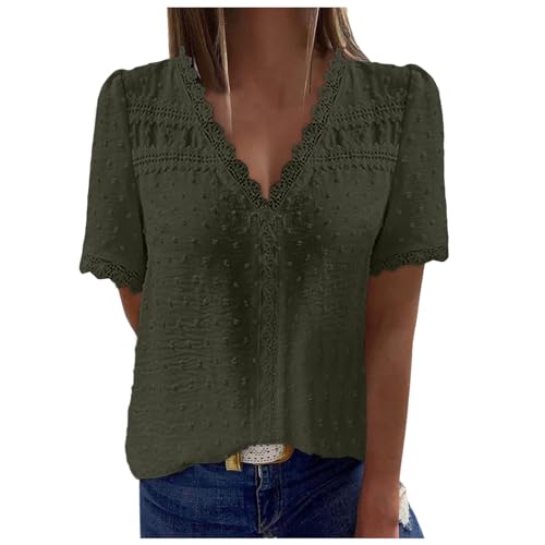 Short Sleeve Blouses for Women UK Broderie Anglaise Tops Elegant Ladies Tops Lace Cutout Patchwork Shirts Womens V Neck Puff T-Shirt Blouse Shirts Summer Plus Size Casual Loose T-Shirt Army Green