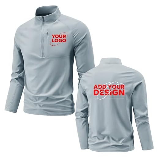 WUWWUT Personalised Men's Half Zip Top Custom Logo Long Sleeve Athletic Shirt Breathable Quick-Dry Pullover Sweater for Running Golf, Light Blue, XXL