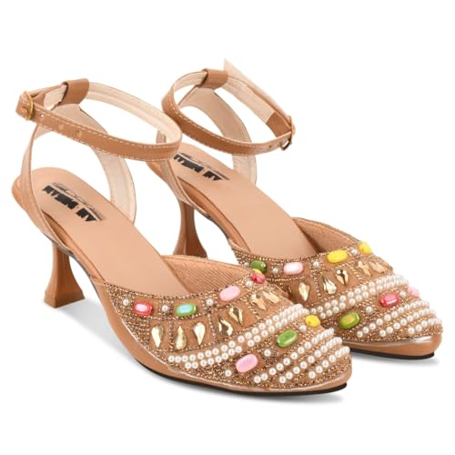 Image of Women's Embellished Pearl and Crystal Kitten Heel Sandals, Mint Green, Ankle Strap, Pointed