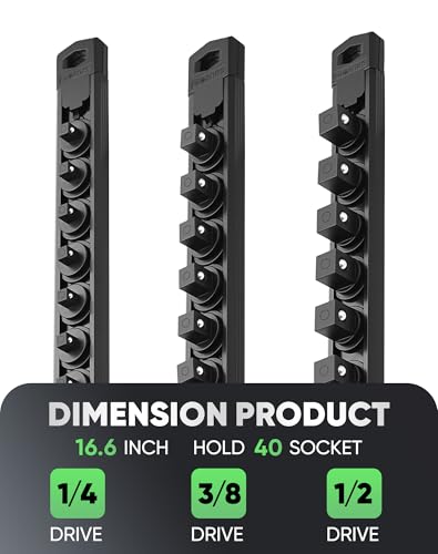 Image of ALOANES Magnetic Socket Organizer Set of 3, Heavy-Duty Aluminum 360 Swivel Clip Socket Holder, Compatible with 1 /2 inch, 3 /8 inch, 1 /4 inch Sockets, Includes 40 Clips, Tool Box Drawer Storage (Black)