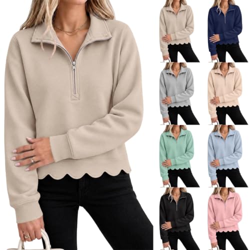 Quarter Zip Pullover Women 1/4 Zip Scalloped Comfy Pullover Sweatshirt - image 1