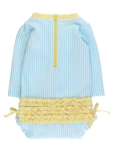 Image of RuffleButts Baby-Girls Seersucker Long Sleeve Rash Guard - One Piece Swimsuit UPF 50+ Toddler
