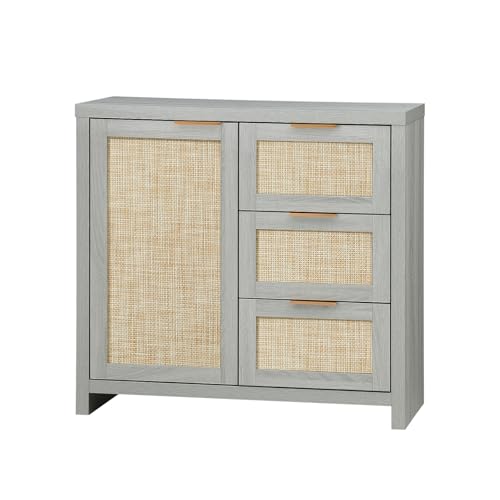 Image of OAKHAM HOME Hampstead 3 Drawer Storage Cabinet Accent Storage Cabinet with Rattan Drawers, Buffet Kitchen Cabinet Sideboard Buffet with Adjustable Interior Shelves for Living Room, Hallway, Pale Oak