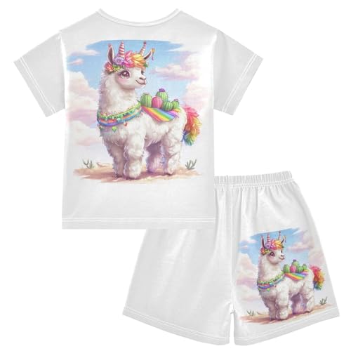 Llama Cactus Rainbow Pastel Pajama Set Short Sleeve PJS 2 Piece Summer Pajamas Shorts Sets Cotton 5Y2