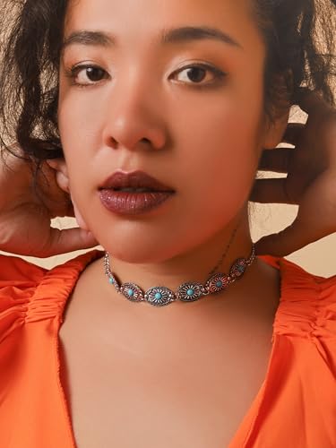 MINACHI Boho Vintage Floral Created Turquoise Necklace Choker, Old Fashion Jewelry for Women3