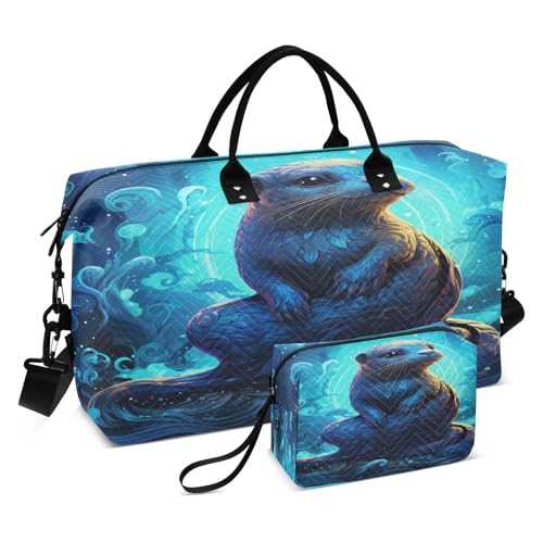 Blue Fancy Otter Sports Swim Gym Bag Weekender Duffel Travel Bags Handbag with Makeup Storage Bag for Girls Men
