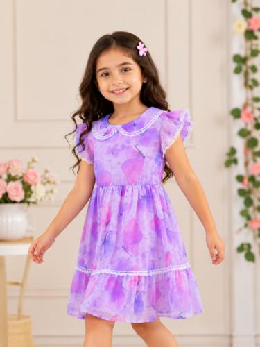 Image of TAGAS Girls Floral Dress | Lavender Flower Print Dressess for Kids | Soft Summer Frock| Casual Birthday & Occasion Wear|
