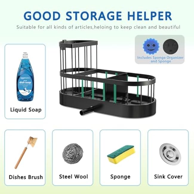 Sponge Holder for Kitchen Sink, Stainless Stee Sink Caddy with High Brush Holder, Self-Draining Sponge Caddy, Soap Dispenser Storage, Kitchen Accessories for Organization (Black, L)