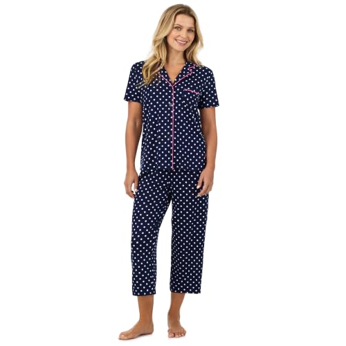 Image of Cuddl Duds 2 Piece Short Sleeve Capri Matching Pajamas for Women PJs Set | Cropped Capris Pants & Button Up Top, Sleepwear & Loungewear, Cute Sleep & PJ Set, Soft Lightweight & Breathable Pajamas