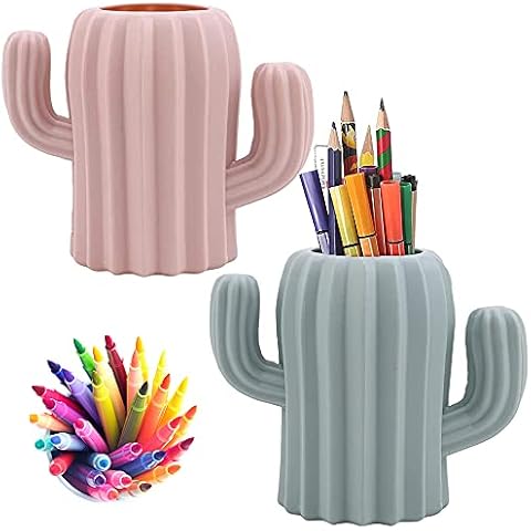 2 Pieces Pen Pencil Pot Holder, Stationery Storage Pen Container, Makeup Brush Holder, Creative Funny Cactus Shape Desk Pen Holder Stand for Desk, Office Supplies, Vanity Table (Pink, Green) Cover