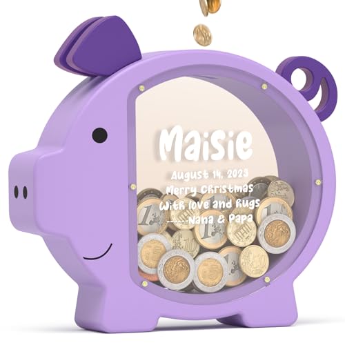 Image of Piggy Bank for Kids Girls,Purple Kids Piggy Bank with Creative DIY Stickers | Large Wooden Clear Coin Bank, Birthday & Toddlers Gifts, Personalized Money Box Toys for Child Cute Room Christmas Decor
