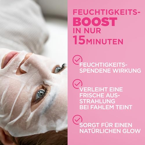 Garnier Tuchmaskenset Sakura fürs Gesicht bei fahler Haut, Feuchtigkeit und Glow, Mit Hyaluronsäure und Sakura, SkinActive, Hydra Bomb Sakura, 5x 28g 6